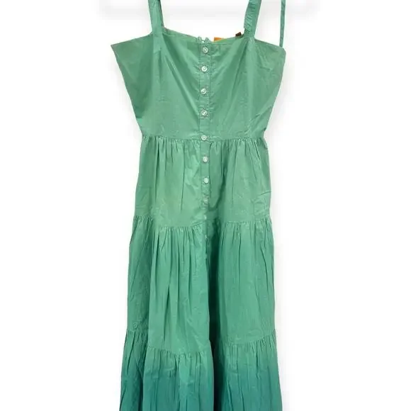 Oliphant NEW‎ Tie Strap Button Cotton Poplin Midi Dress in Ombre Green - Size XS